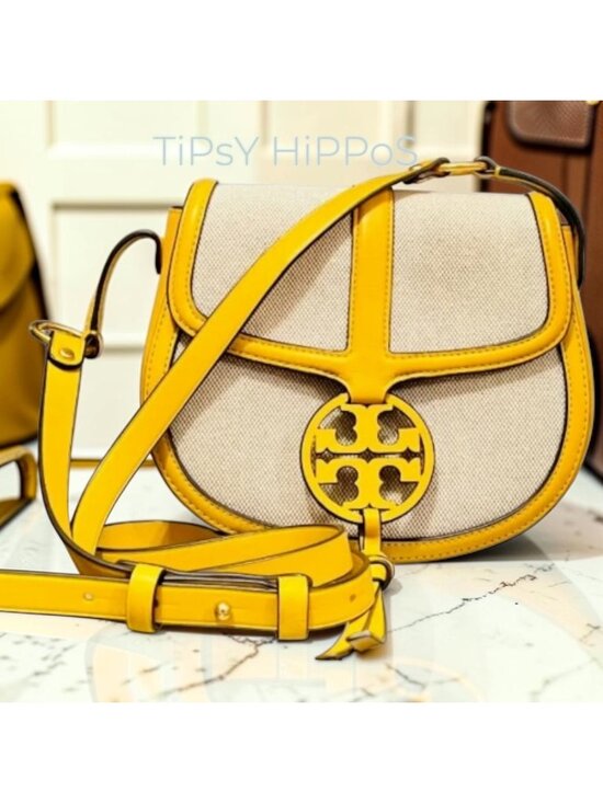Tory Burch Handbags - Tory Burch Miller Canvas & Leather Saddle Bag Yellow/Natural Crossbody